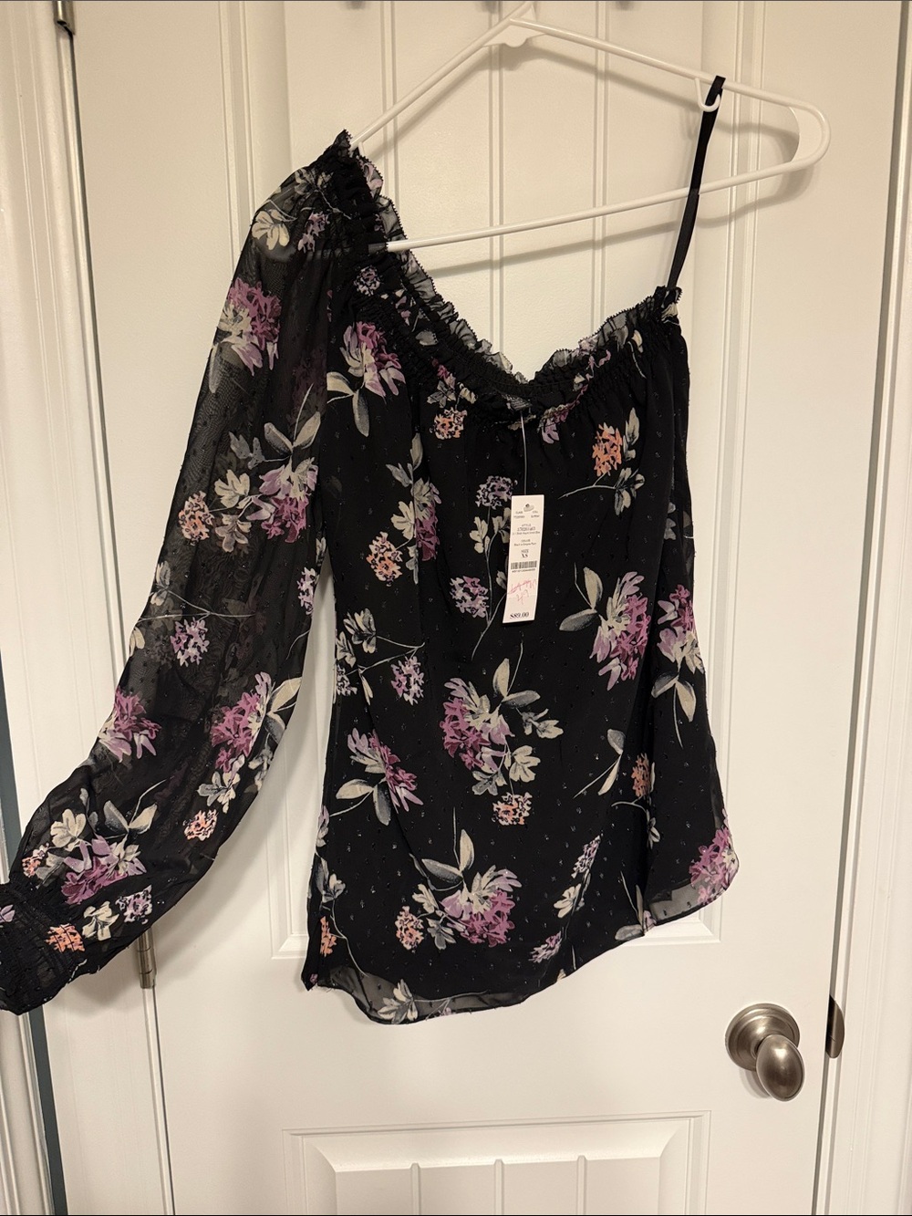 White House Black Market Black One-Shoulder Floral Blouse